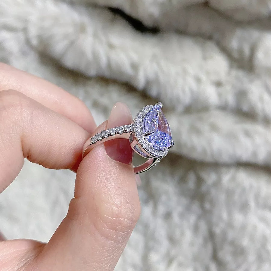 925 Sterling Silver Zircon Teardrop Ring in lavender with halo setting