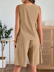 Khaki relaxed fit tank and shorts set with a scoop neck and elastic waist shorts.