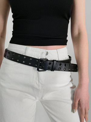 Black vegan leather belt with double grommets and silver buckle