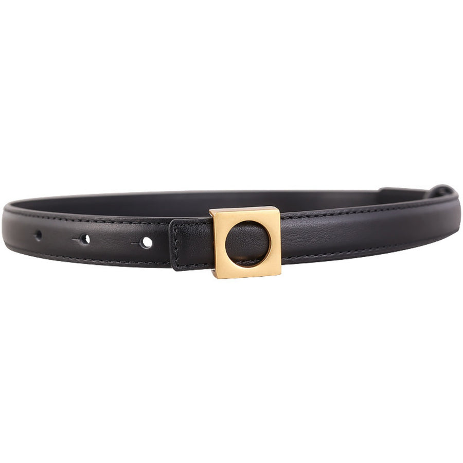 Black skinny cowhide leather belt with gold square buckle