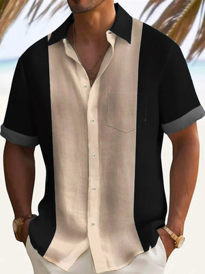 Men's short sleeve button-down shirt with color block beige and black panels, chest pocket, cotton.