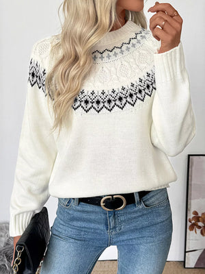 White acrylic Fair Isle knit sweater with crew neck and cable knit details.