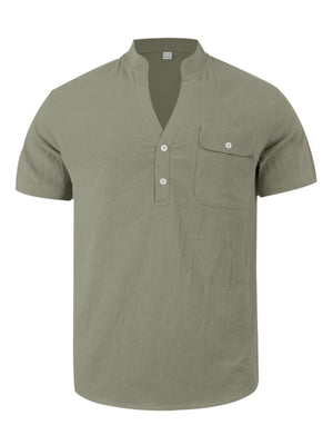 Men's short-sleeve band collar shirt in Military Green cotton with button-down placket and chest pocket.