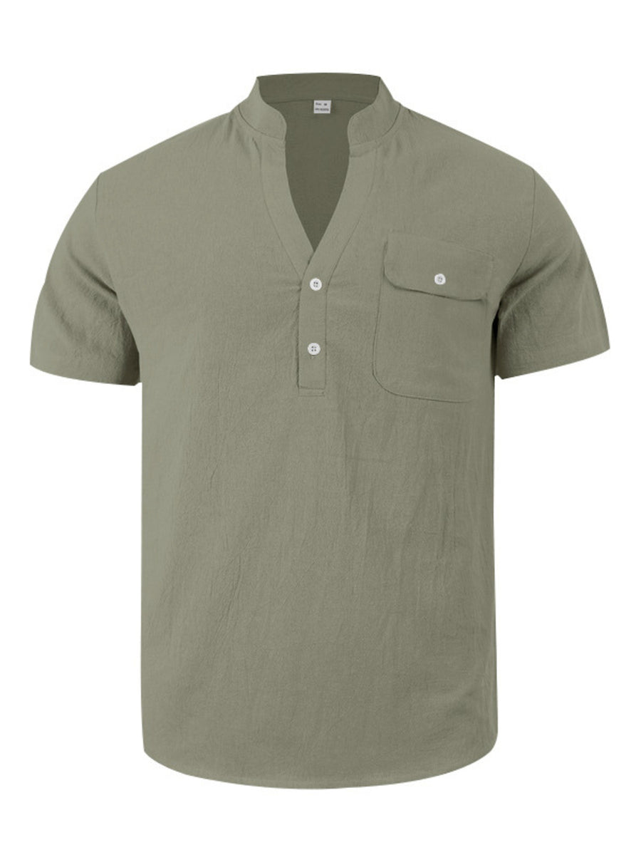 Men's short-sleeve band collar shirt in Military Green cotton with button-down placket and chest pocket.