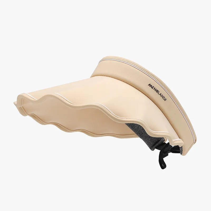 Apricot scalloped brim sun visor with adjustable strap and embroidered detail.