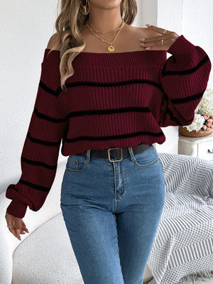 pullover sweater in Pink with striped and off-shoulder