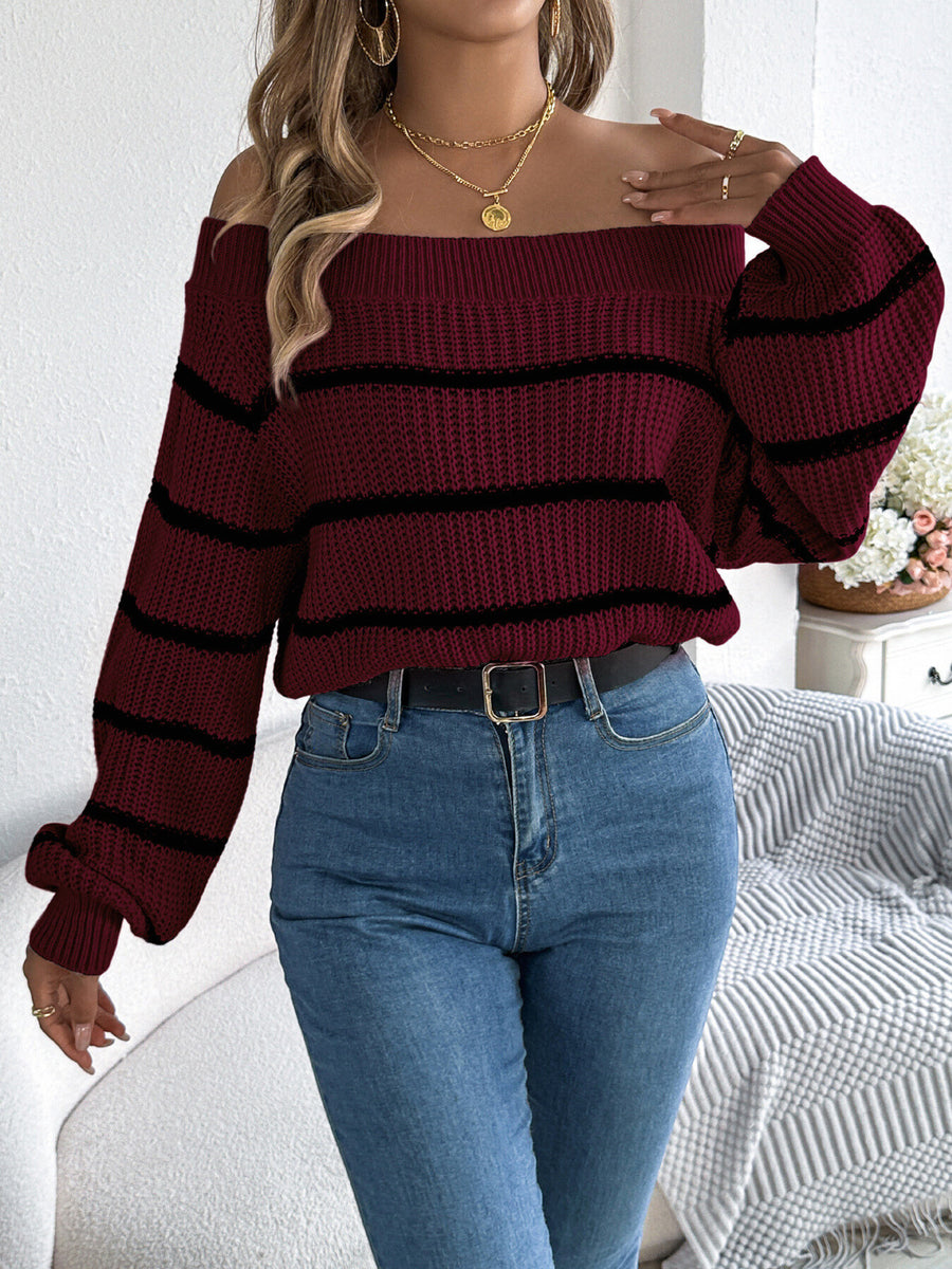 pullover sweater in Pink with striped and off-shoulder