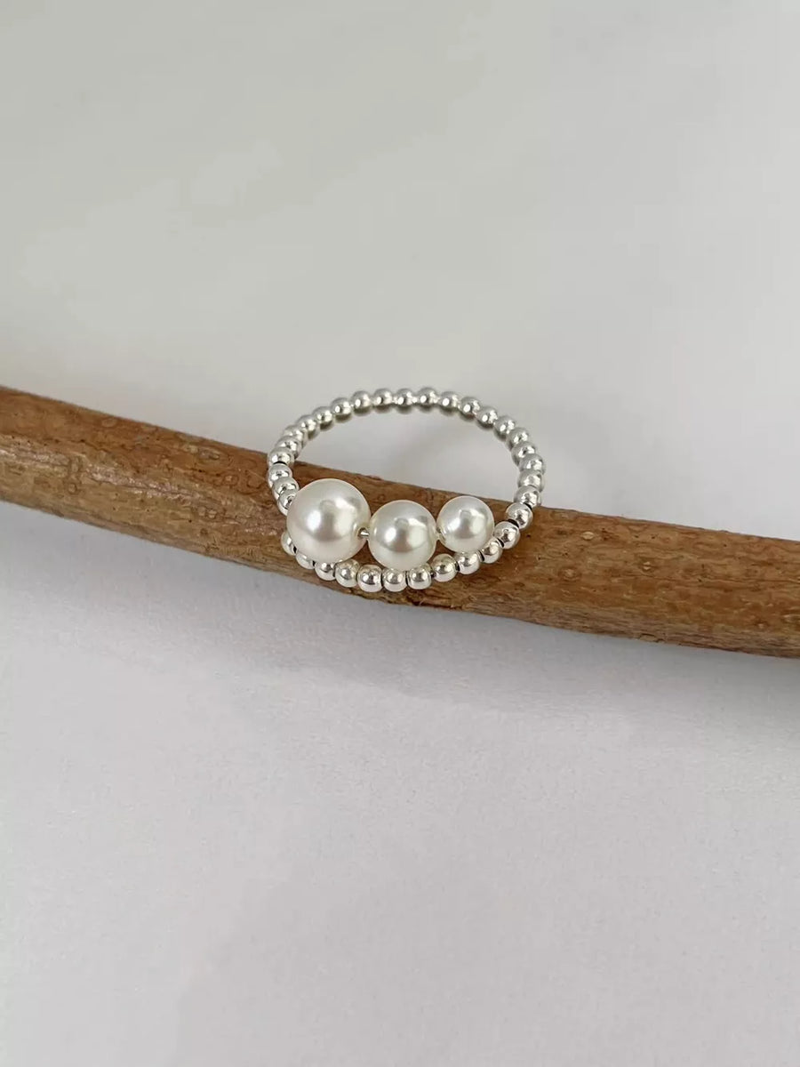 Triple Pearl Beaded Bypass 925 Sterling Ring in white with triple pearl
