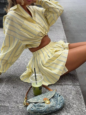 Yellow striped linen shirt and shorts set, cropped long sleeve shirt, high waisted shorts