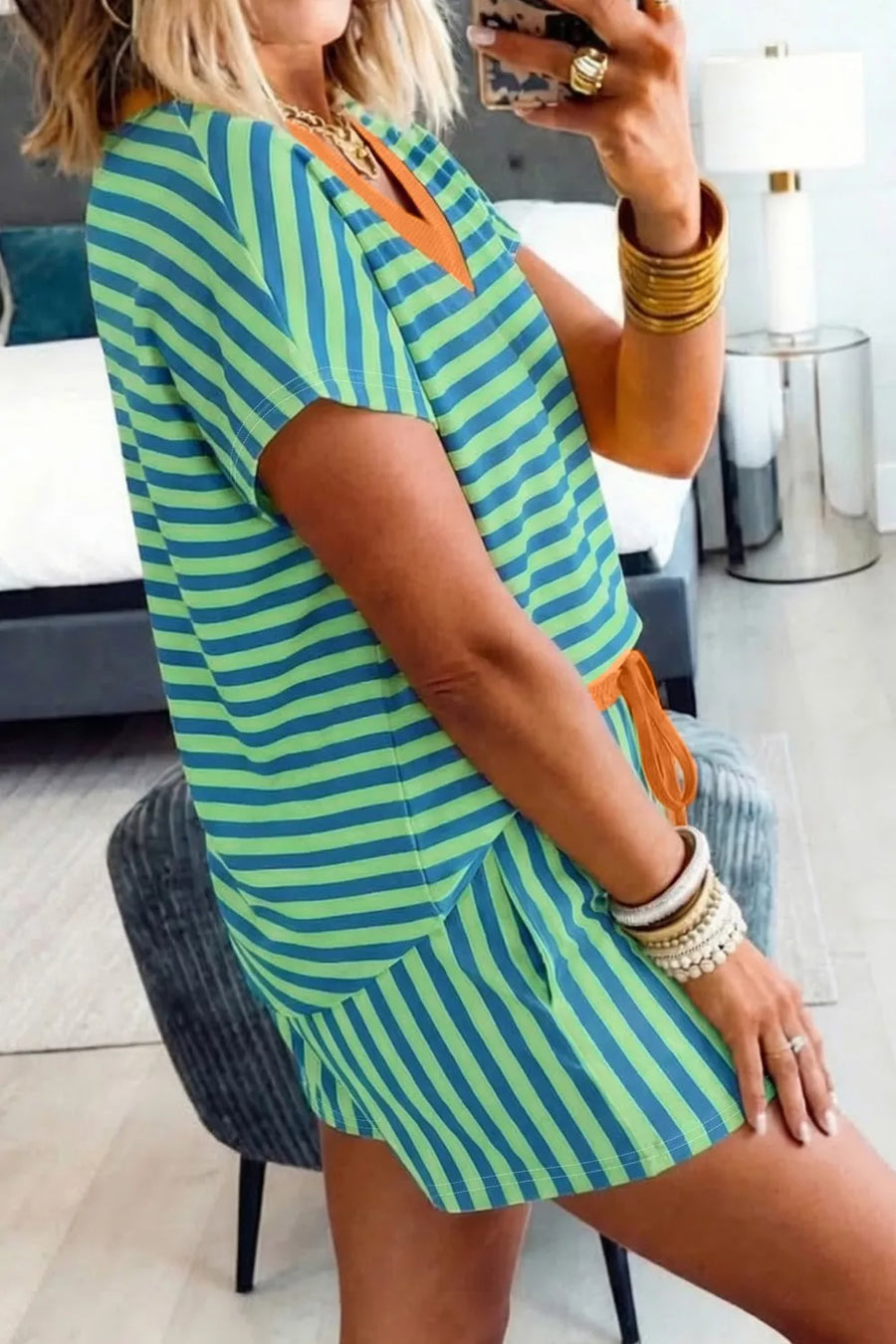 Vibrant colorblock striped cotton V-neck two-piece set with drawstring detail.