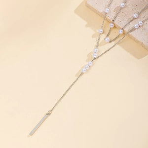Silver double layered Y-shaped necklace with pearls and bar pendant