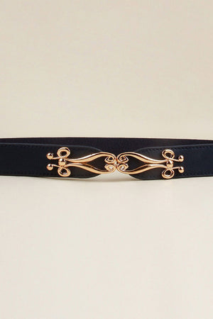 Dark blue elastic belt with ornate gold alloy clasp and decorative beads