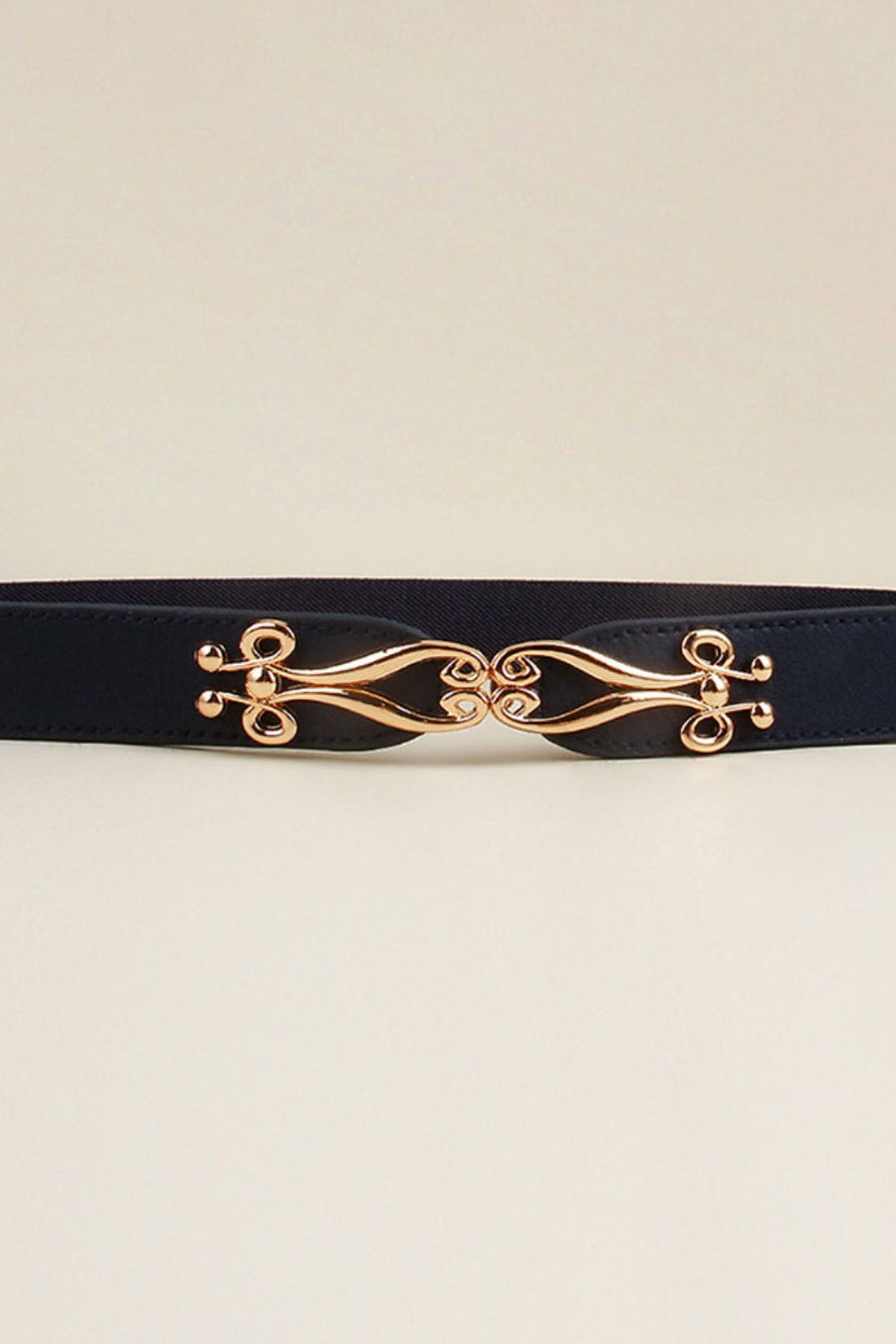 Dark blue elastic belt with ornate gold alloy clasp and decorative beads