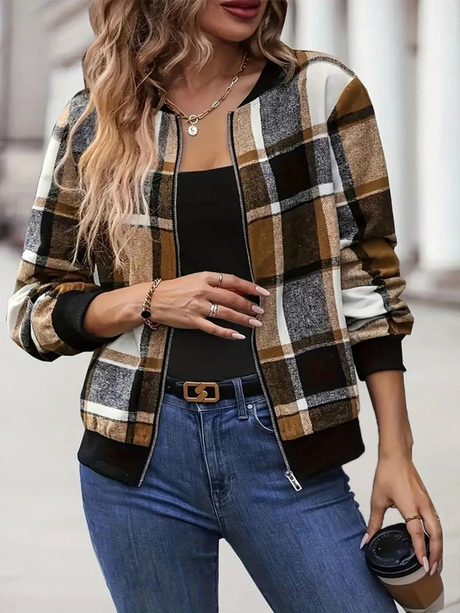 Plaid bomber jacket in caramel and black with ribbed cuffs and collar.
