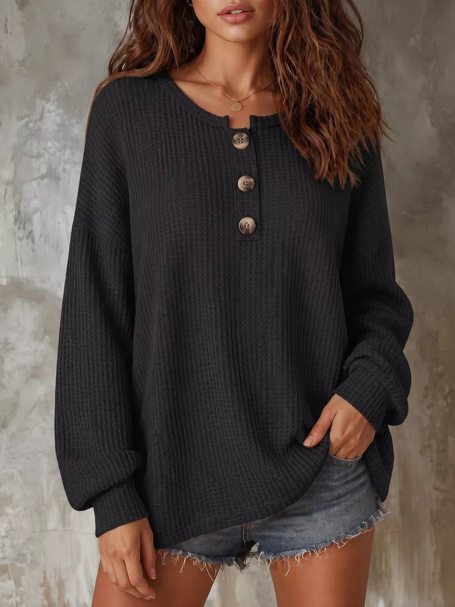 taupe henley with dropped shoulder and long sleeve