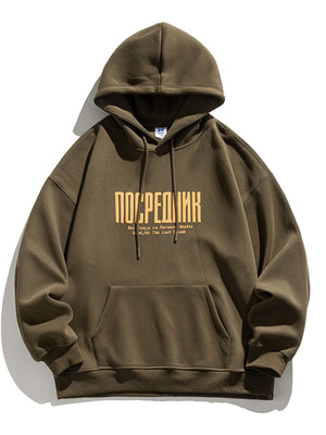 Olive green hooded sweatshirt with yellow graphic text and front pocket