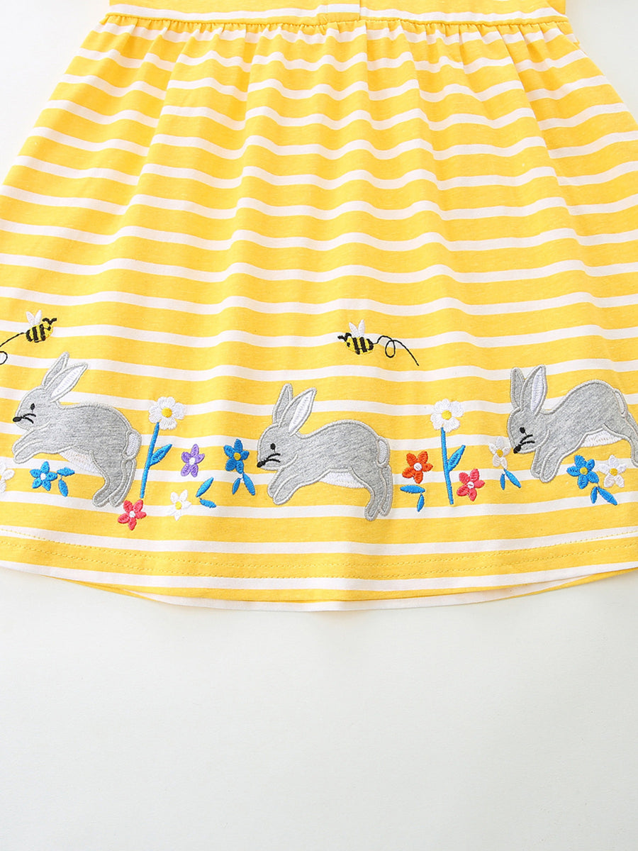 Yellow striped cotton toddler dress with embroidered bunnies and flowers detail.