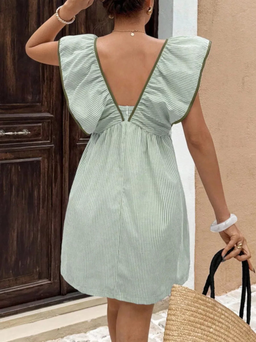Green striped mini dress with ruffled sleeves and V-neckline