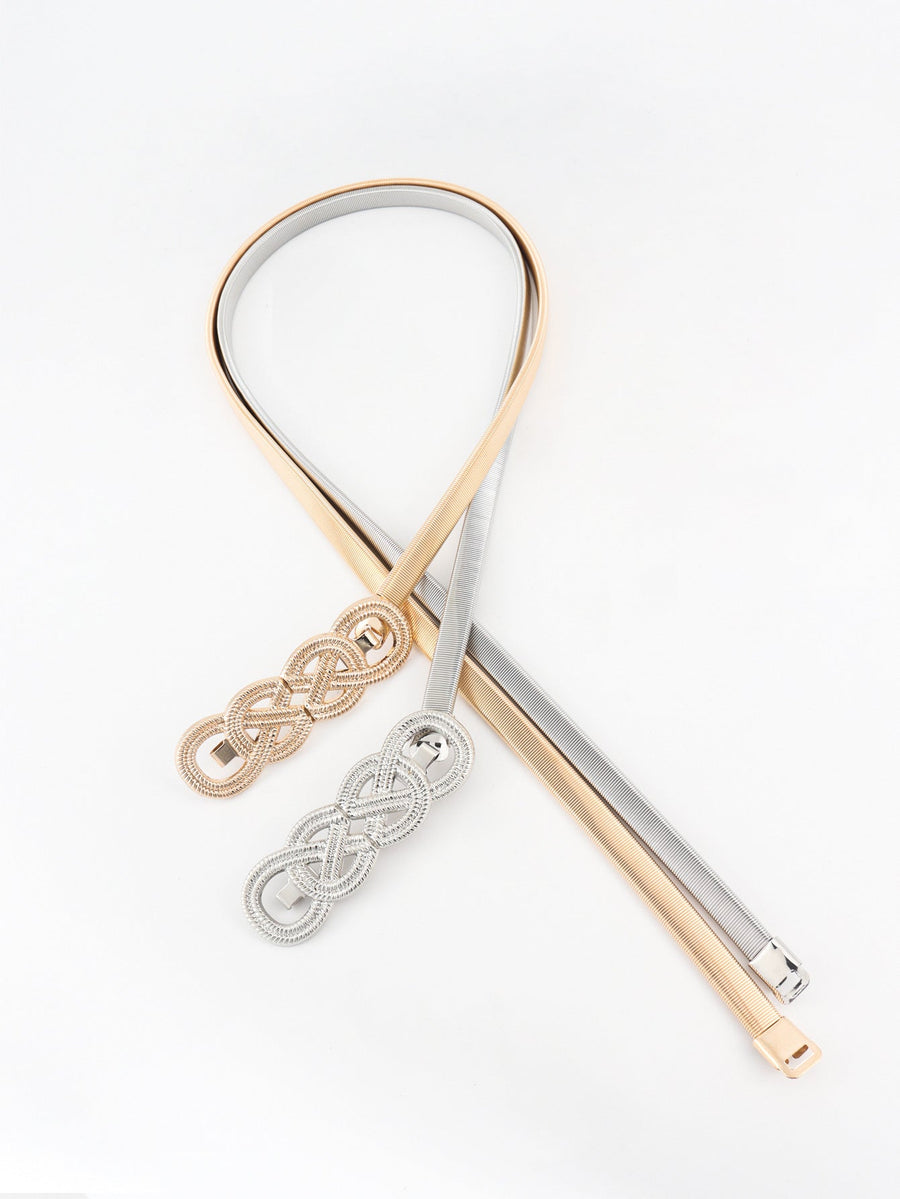 Gold and silver elastic waist belts with intertwined knot detail