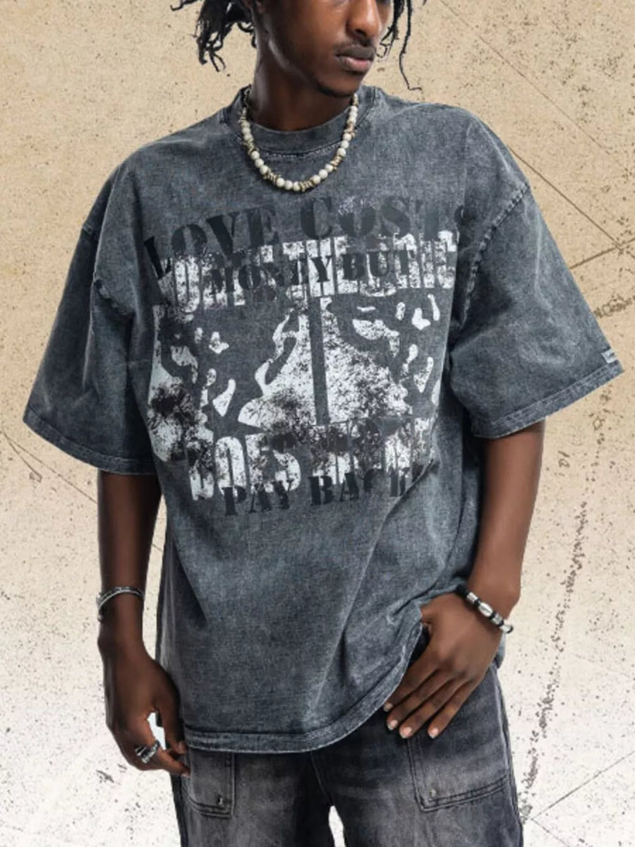 Dark Gray cotton graphic t-shirt with abstract print and crew neck.