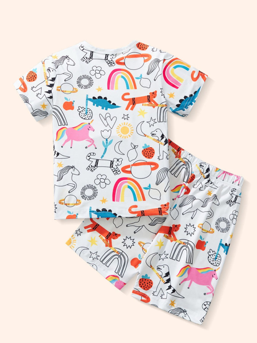 White polyester toddler set with colorful cartoon print, crew neck t-shirt and shorts.