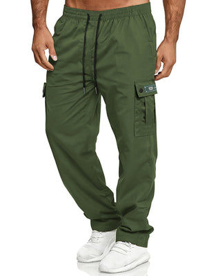 Army green cargo pants with adjustable waist and drawstring, featuring multiple pockets.