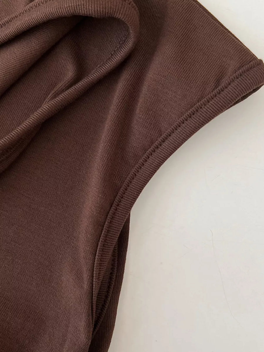 Brown textured ruching mock neck tank top with draped detail