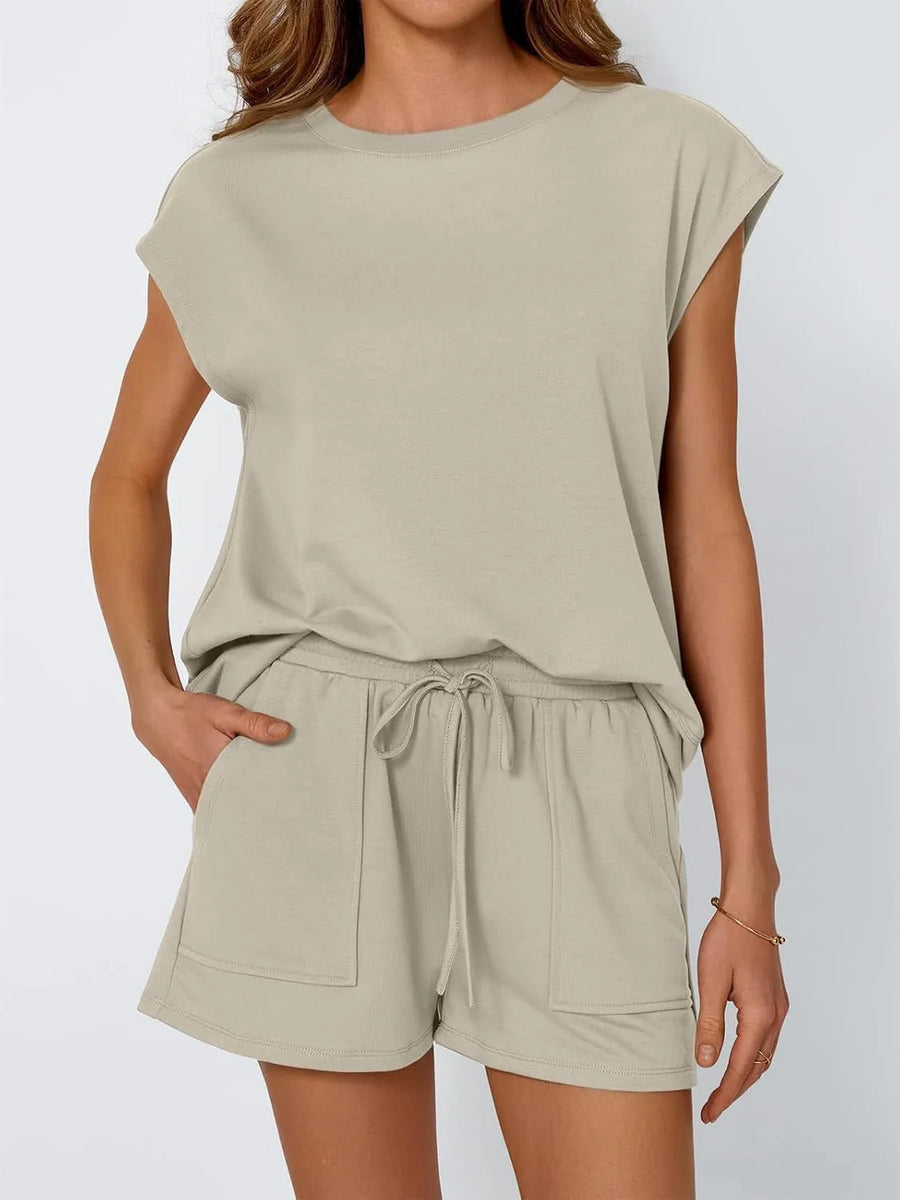 Khaki relaxed fit drawstring short set with cap sleeve top and patch pockets