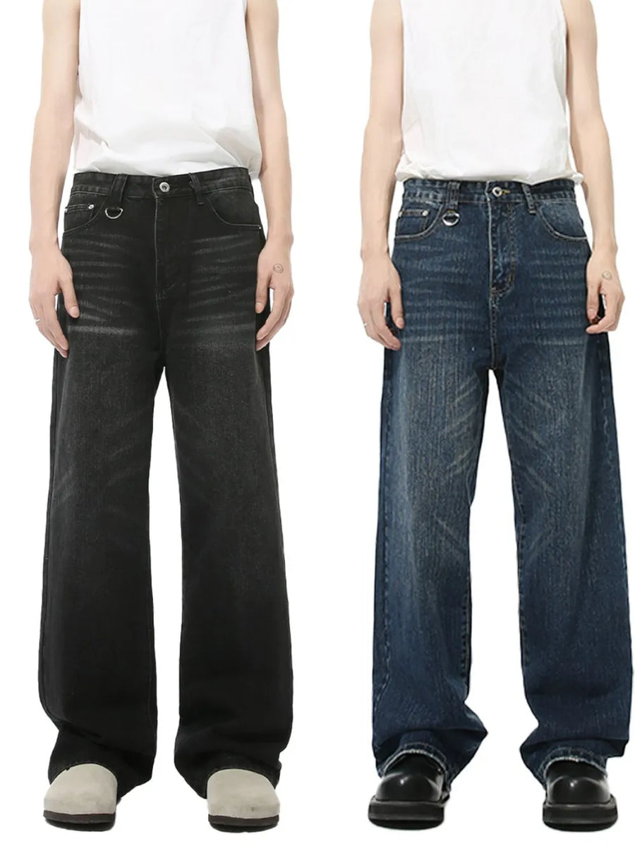 Statement pocket denim jeans in medium and dark washes with a wide leg