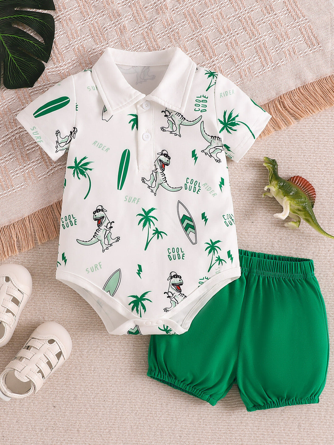 Baby polo bodysuit and green shorts set with dinosaur print