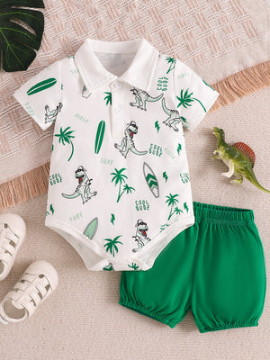 Baby polo bodysuit and green shorts set with dinosaur print