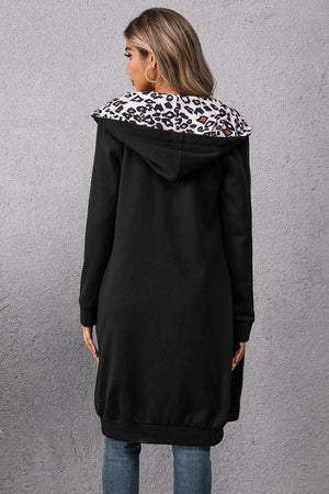 Black maxi hoodie dress with leopard print lined hood