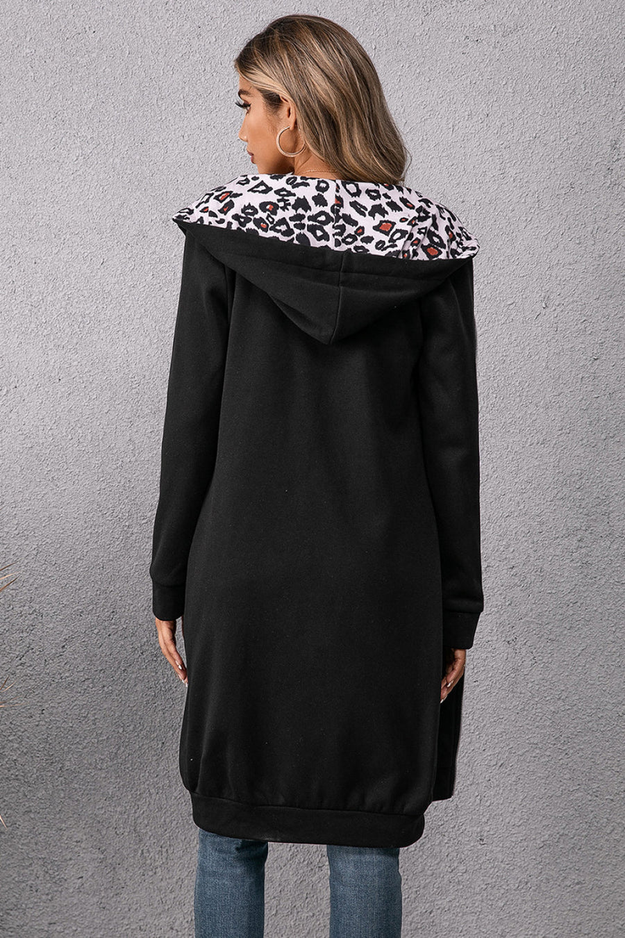 Black maxi hoodie dress with leopard print lined hood
