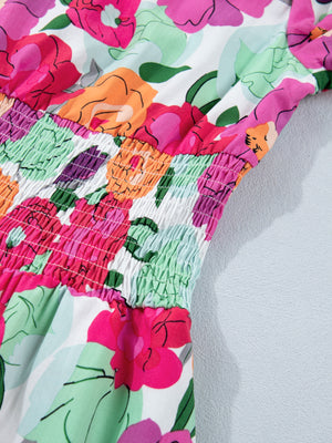 Floral v-neck midi dress with smocked bodice and colorful floral print.