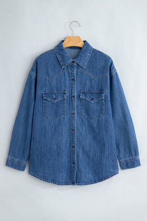 denim blue western shirt with button cuffs and long sleeve