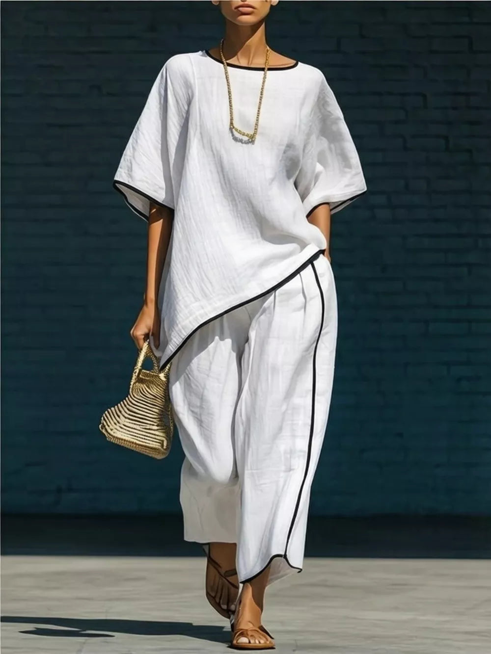 White two-piece set with contrast trim, half sleeves, and wide-leg pants.