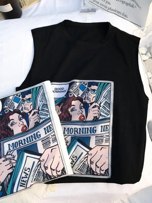 Black men's tank top with comic print graphic.