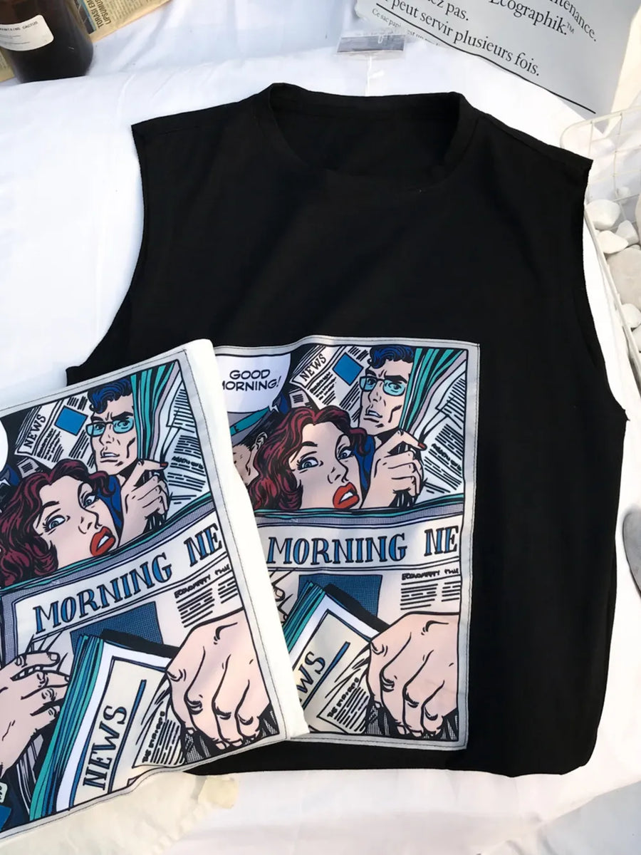 Black men's tank top with comic print graphic.