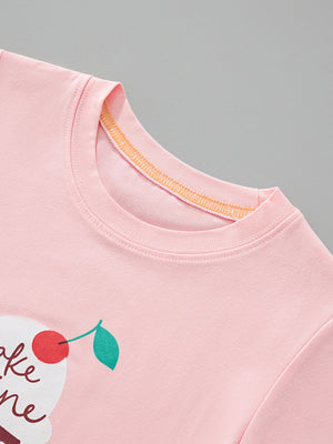 Pink toddler t-shirt with ice cream graphic and cherry detail, crew neck.
