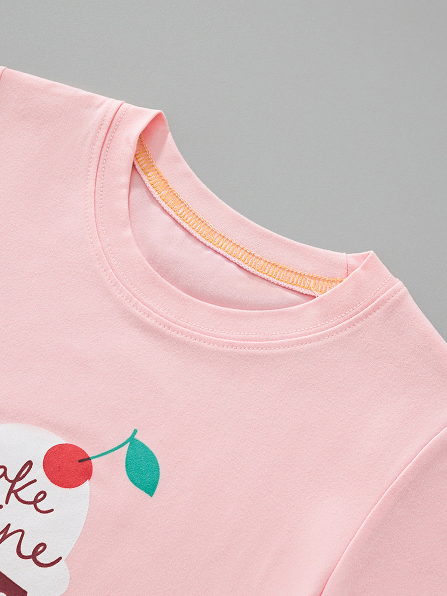 Pink toddler t-shirt with ice cream graphic and cherry detail, crew neck.