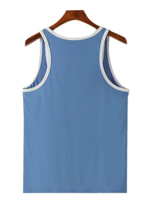 Light blue tank top with white contrast trim and scoop neckline.