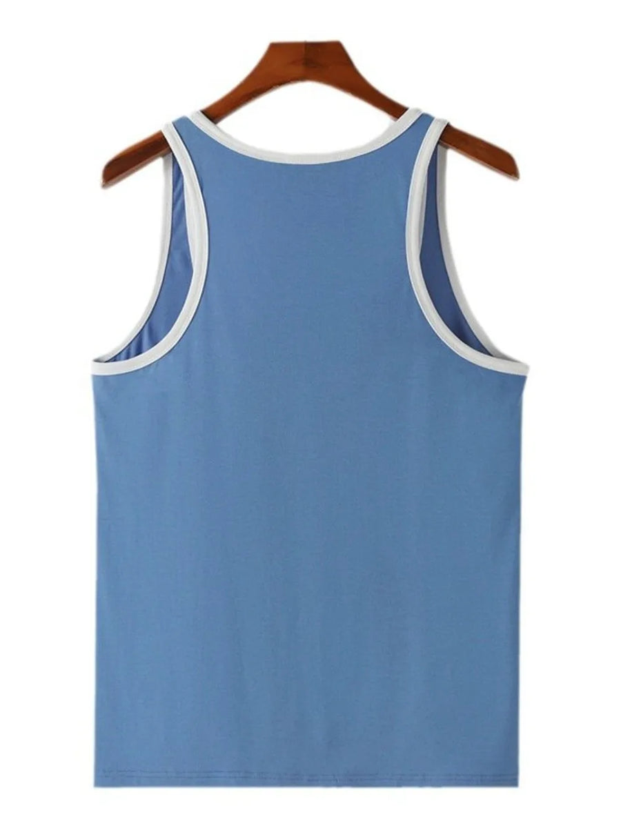 Light blue tank top with white contrast trim and scoop neckline.