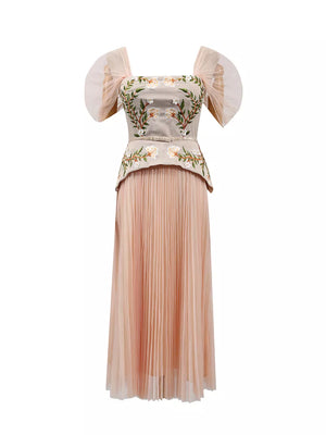 Embroidered tulle midi dress with square neckline, sheer flutter sleeves, and pleated pink skirt.