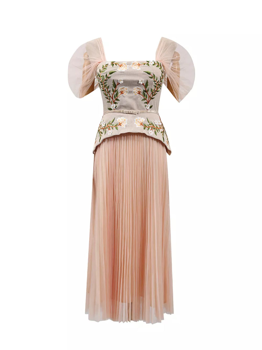 Embroidered tulle midi dress with square neckline, sheer flutter sleeves, and pleated pink skirt.