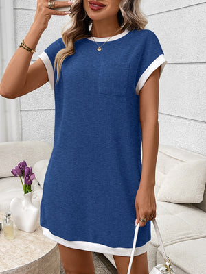 Ribbed knit mini dress in dark blue with white trim and pocket, crew neck, short sleeves.