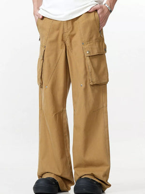 Men's khaki wide-leg cargo pants with multiple pockets and a relaxed fit.