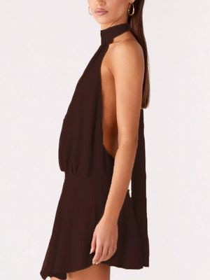 Chocolate Gathered Waist Backless Halter Dress