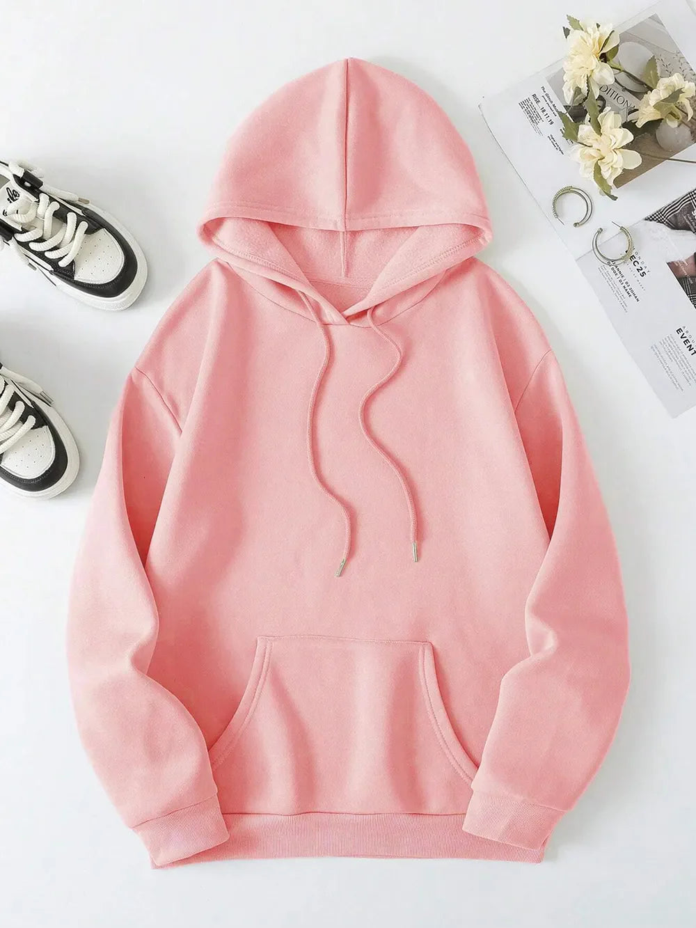 Pink graphic hoodie with drawstring hood and front pocket