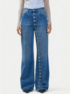 95%cotton,5%spandex Care instructions: Machine wash cold wide-leg jeans in Dusty Blue with flared silhouette