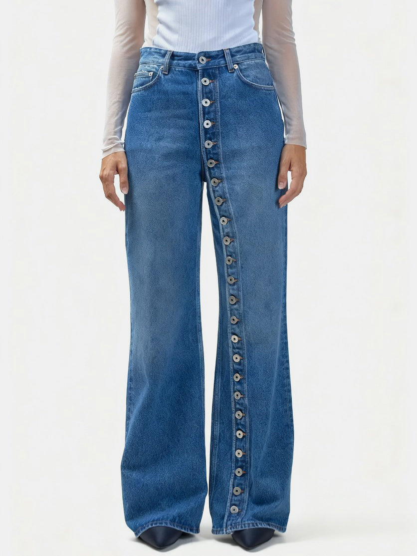 95%cotton,5%spandex Care instructions: Machine wash cold wide-leg jeans in Dusty Blue with flared silhouette